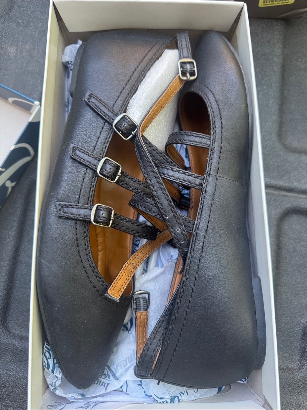 Lucky Brand Black Leather Multi-Buckle Pointed Toe Loafers with Tan Accents